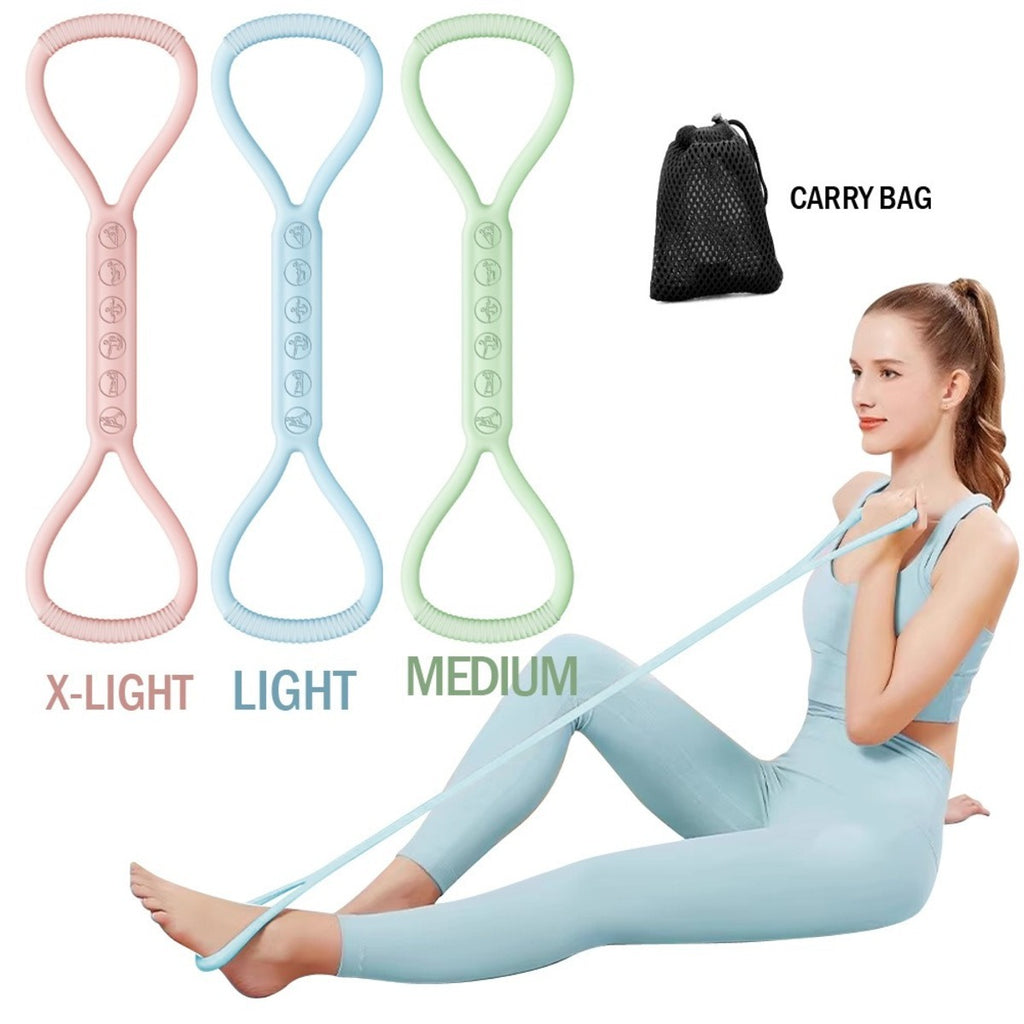 Three resistance bands in different colours and a carry bag.  Varied strengths 
