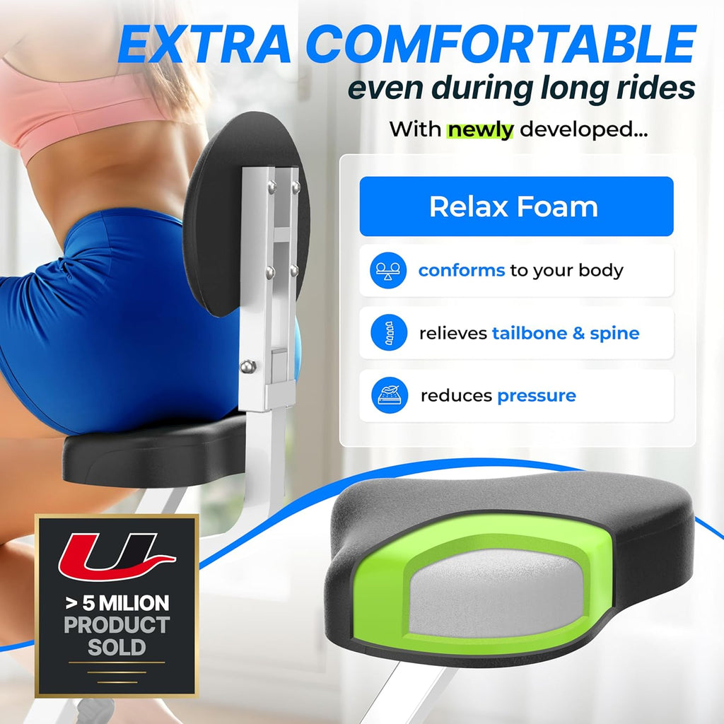 Product advertisement for a relax foam with text highlighting its comfort benefits during long rides.