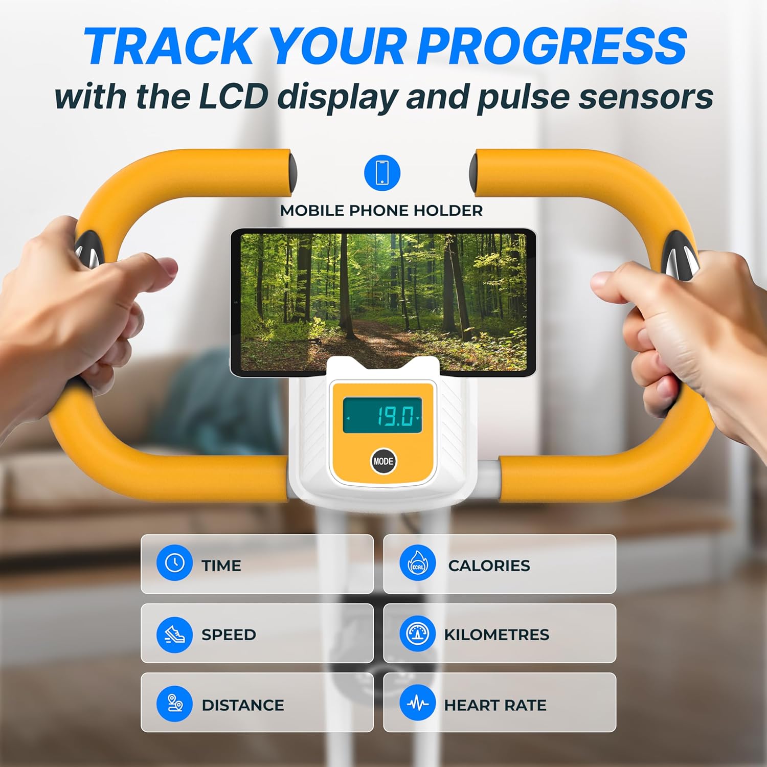 Exercise bike with LCD display and pulse sensors, showing a phone holder and fitness metrics.