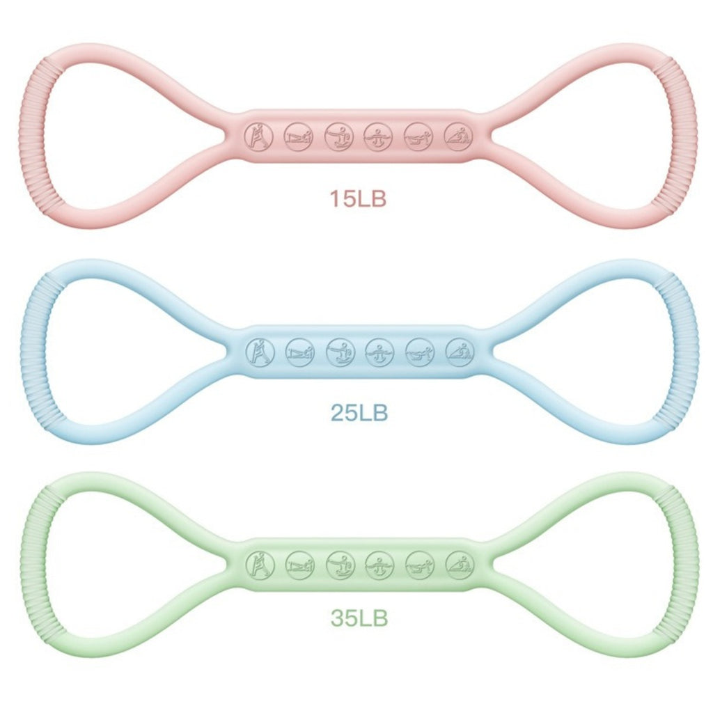 Three resistance bands in pink, blue, and green with weight labels.